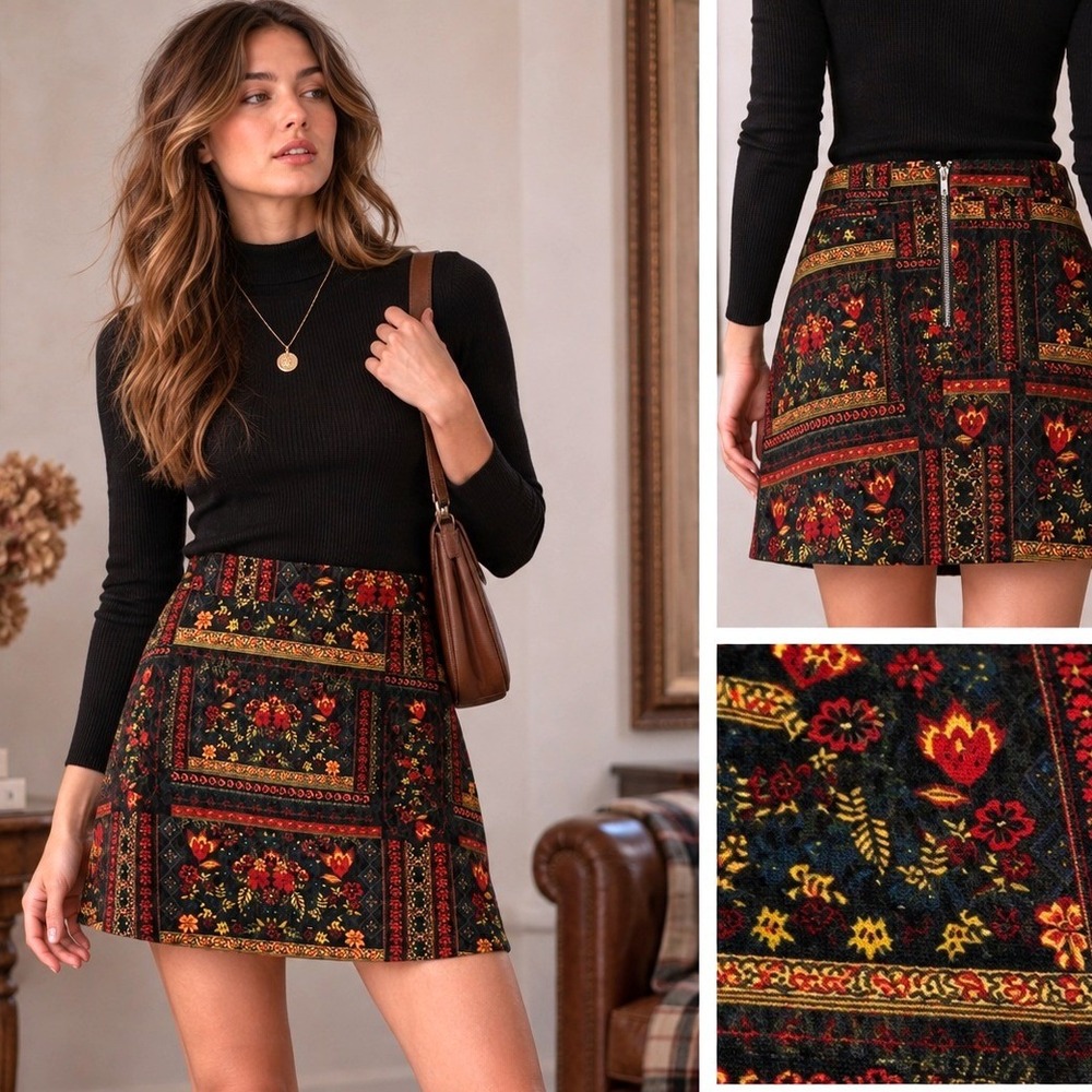 Womens Velvet Tapestry Patchwork Mini Skirt Size 8 Fall Academia 90s Boho Folk